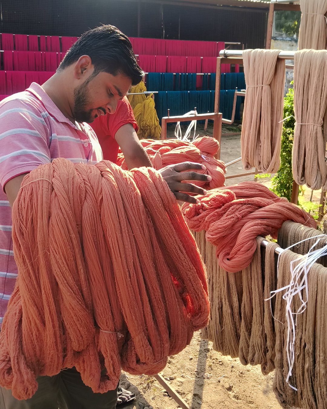 A dyer checking freshly dyed rust-orange cotton hanks, with pink and teal yarn drying on racks behind