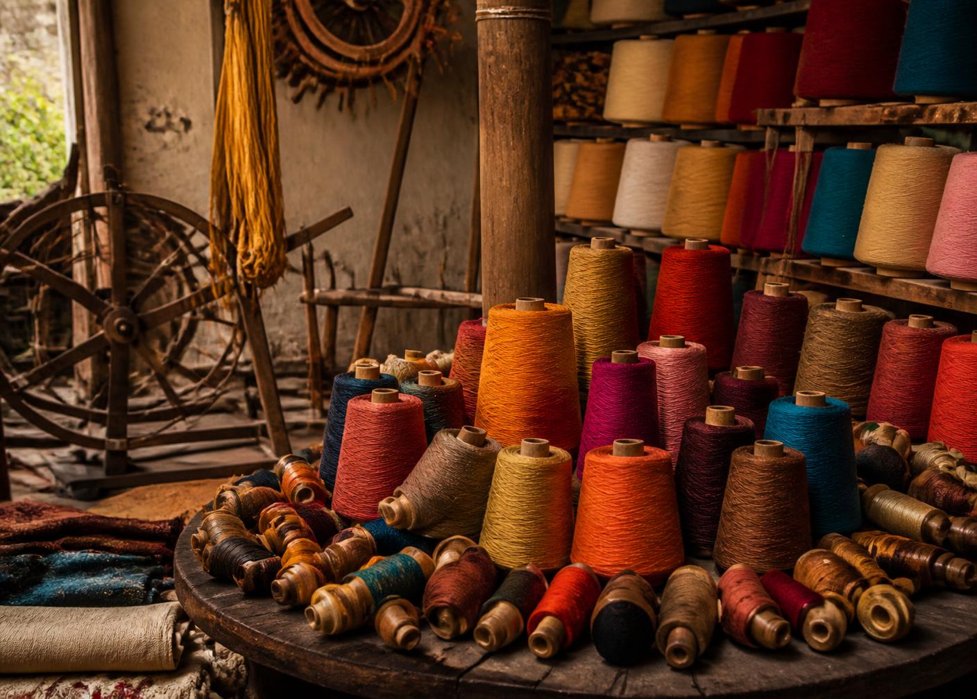 Dyed cotton and silk yarn cones in a weaving workshop